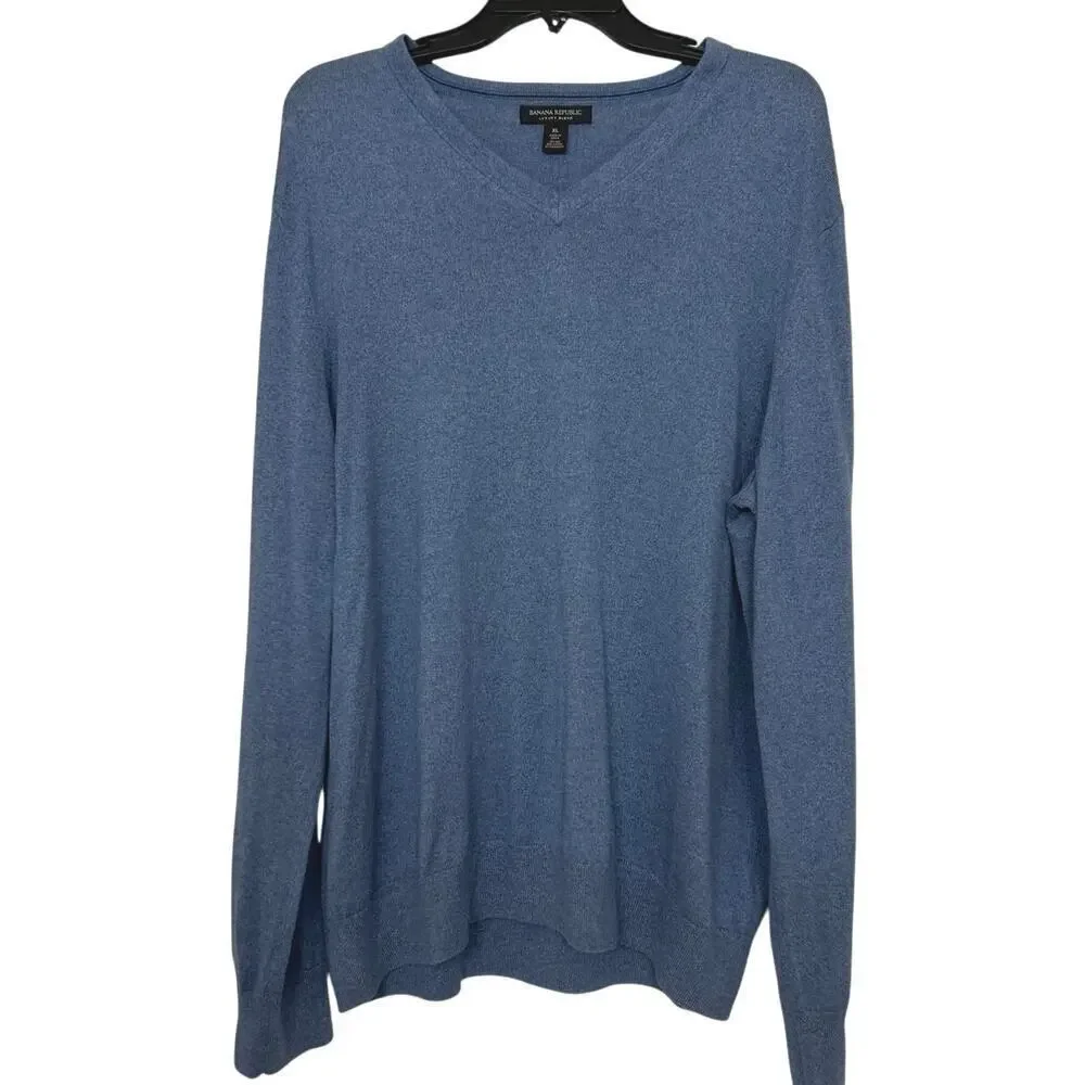 Banana Republic Blue Silk Cashmere Cotton Blend V Neck Lightweight Sweater XL